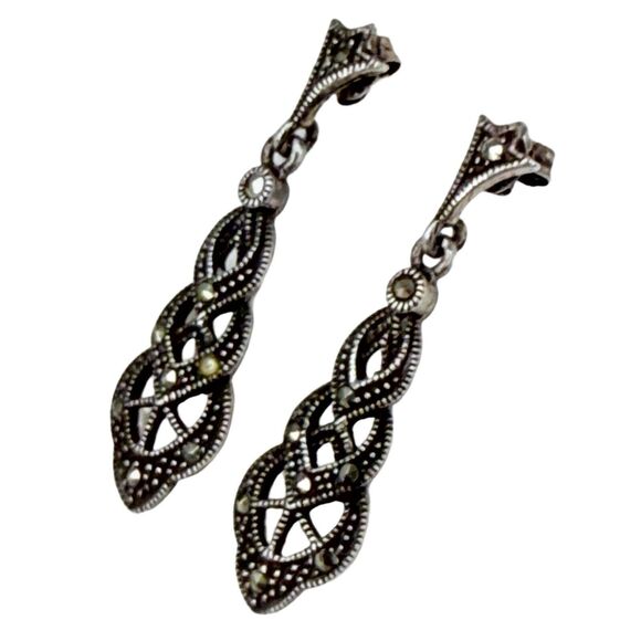 925 Sterling Silver Marcasite Dangle Earrings 1 3/8" Tiered Art Deco Sparkle - Picture 3 of 10